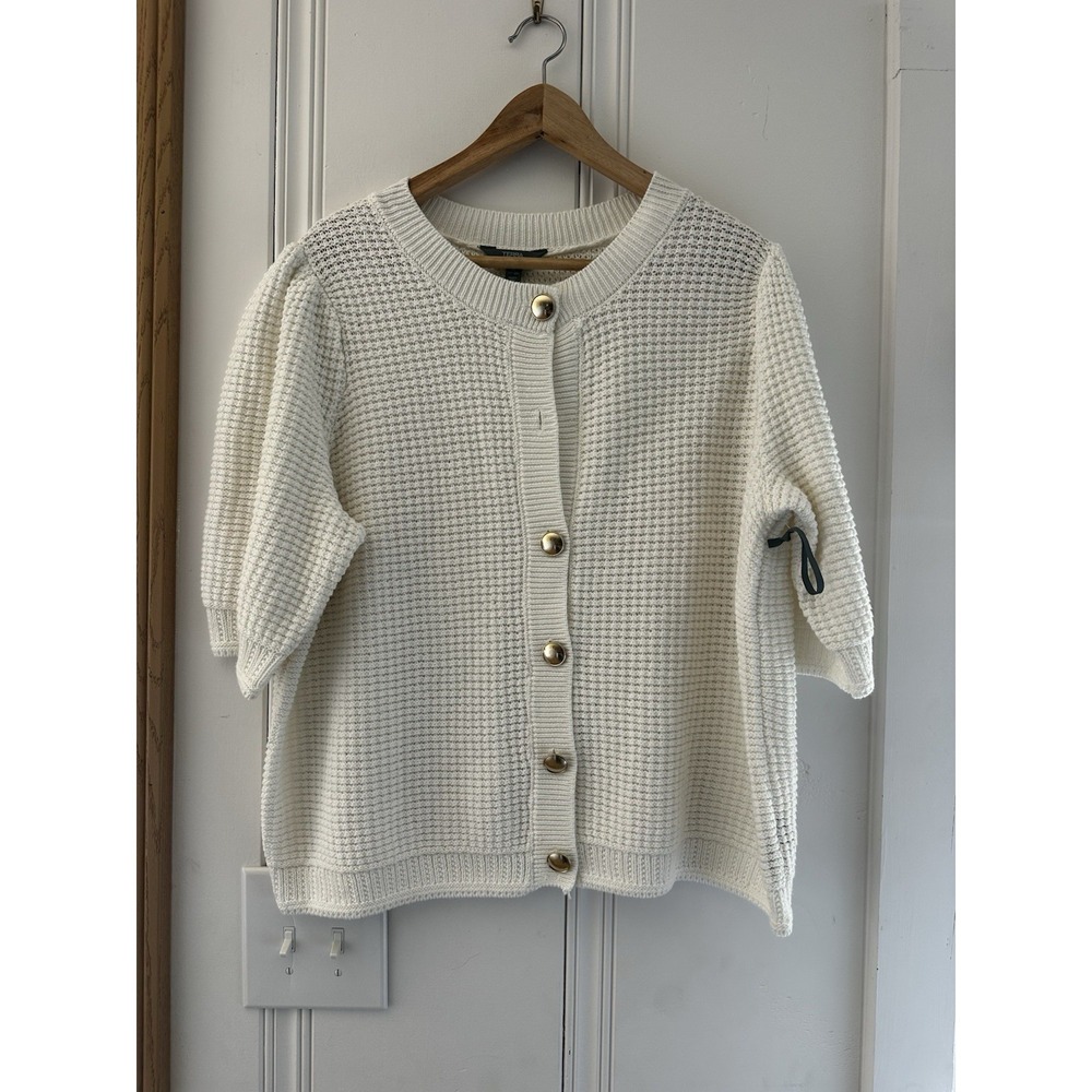 Terra & Sky Womens 1X Cream Waffle‎ Knit Cardigan Cozy Minimalist Coastal Style